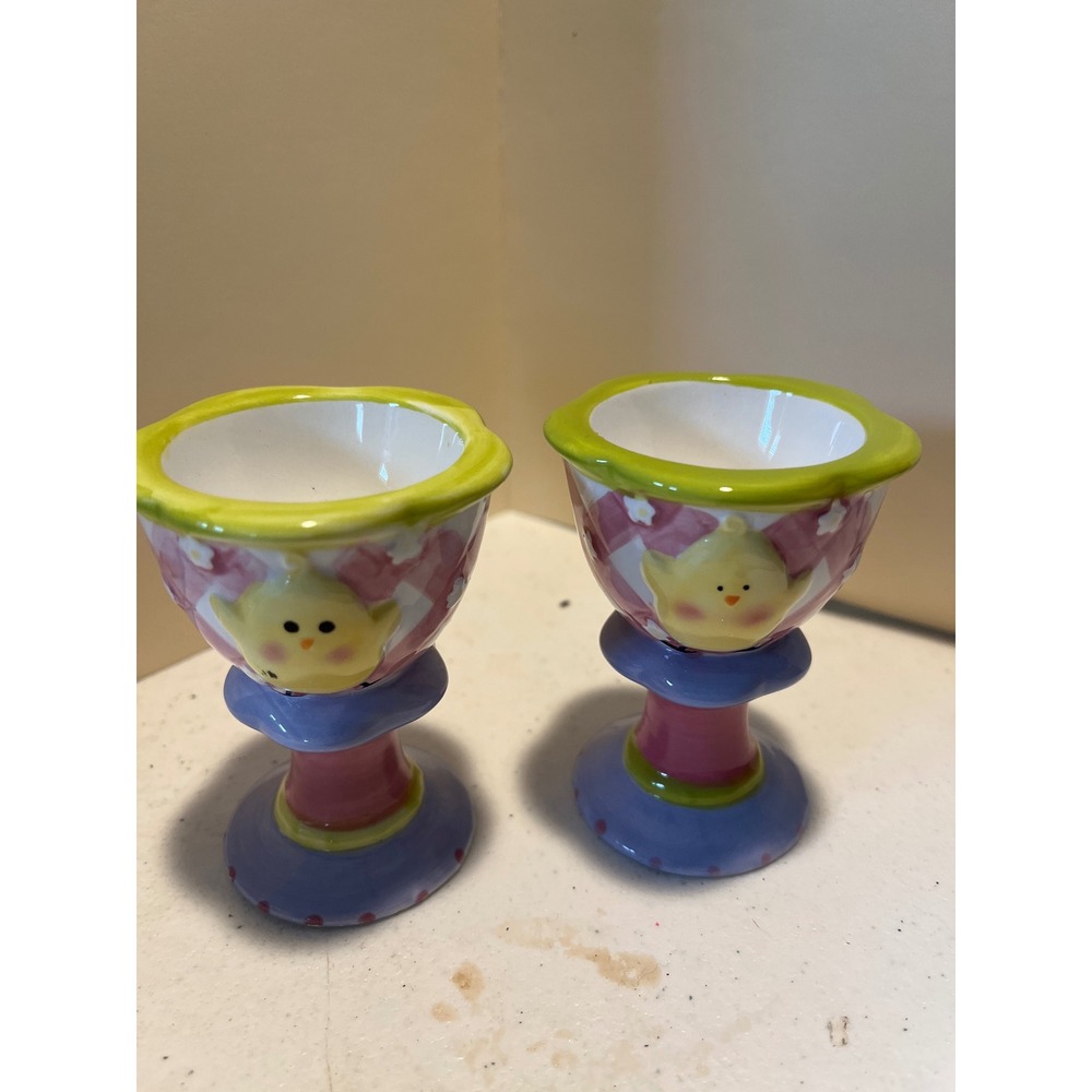 Ceramic Easter Chick Egg Cups Set of 2 Pink Gingham Spring Decor Hand Painted